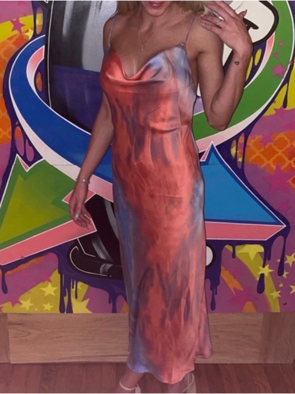 Hello Molly Coral and Smoky Blue Satin Midi Slip Dress